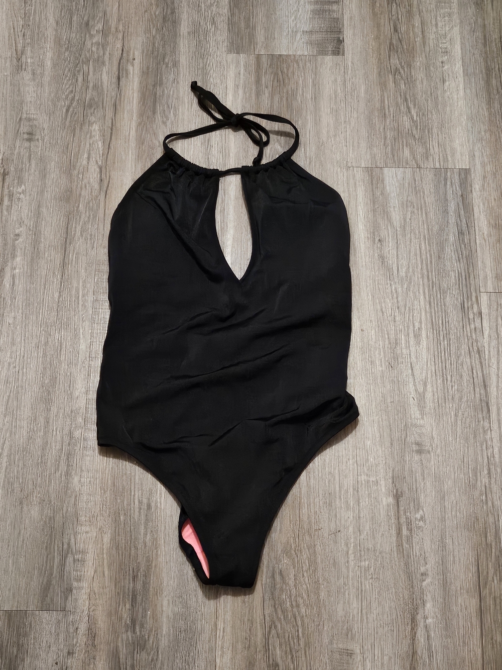 Victoria's Secret - Black Halter Swim Top with Pink Lining and Silver Logo Plate